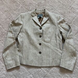 Vtg Lafayette 148‎ Shoulder Pad Houndstooth Linen Blazer Preppy Old Money Size 4